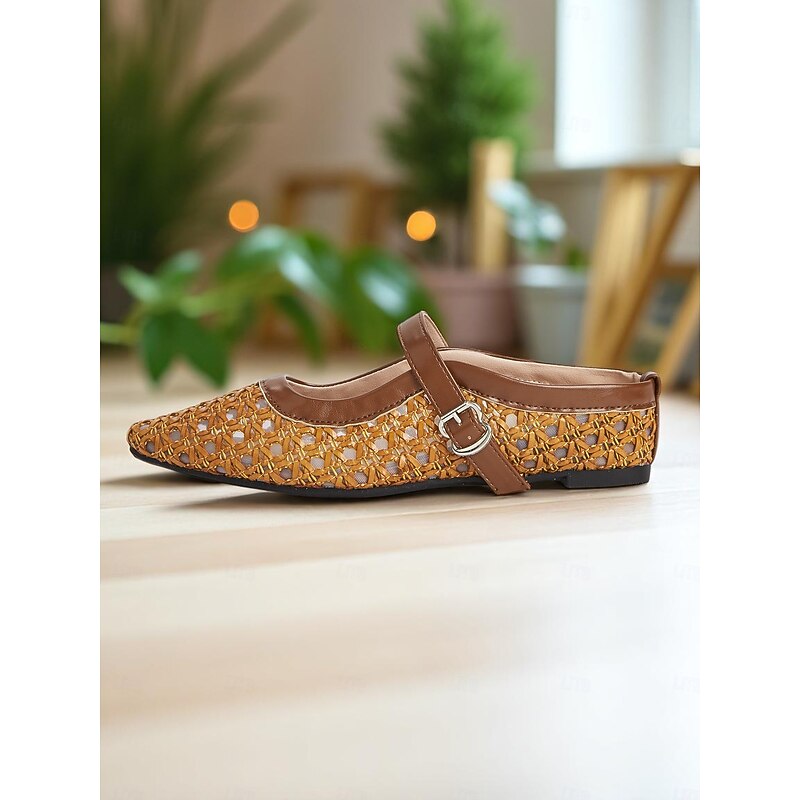 Women's Brown Woven Flats with Strap, Square Toe Faux Leather Slip-Ons for Casual Comfort and Daily Dates4