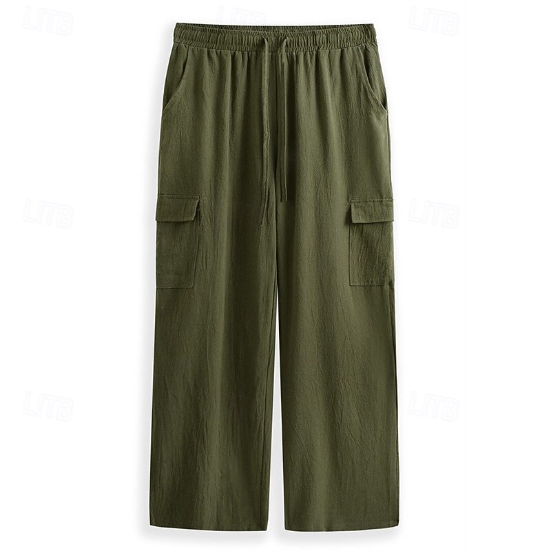 Men's Cargo Pants Trousers Summer Pants Beach Pants Drawstring Elastic Waist Multi Pocket Plain Comfort Soft Full Length Outdoor Daily Holiday Vacation Fashion Loose Fit Black White Inelastic4