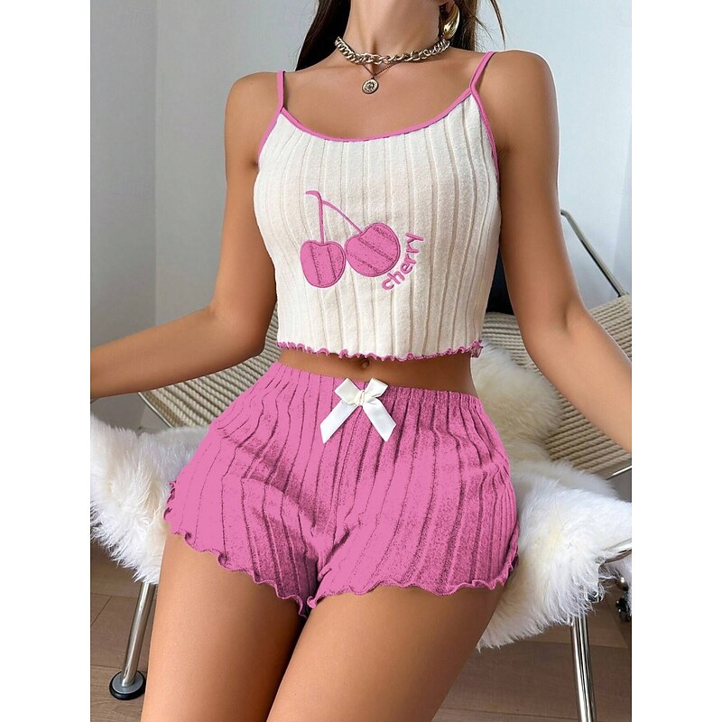 Women's Pajama Set Casual Comfort Cherry Elastic Waist Strap Top Shorts Home Daily Sleeveless Straps Yellow Pink Blue Purple Summer Regular Fit2