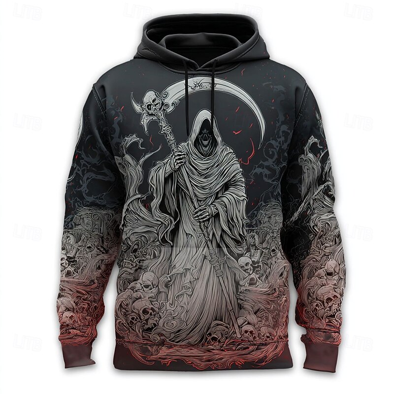 Men's Grim Reaper 3D Reaper Hoodies Sweatshirt Ethnic Cowboy Long Sleeve Crew Neck Holiday Streetwear Black 1 Black Drawstring Graphic Fall Winter Designer2