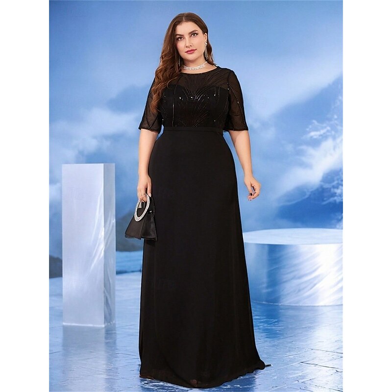 A-Line Plus Size Dresses Elegant Curve Dress Formal Wedding Floor Length Half Sleeve Crew Neck Chiffon with Beading