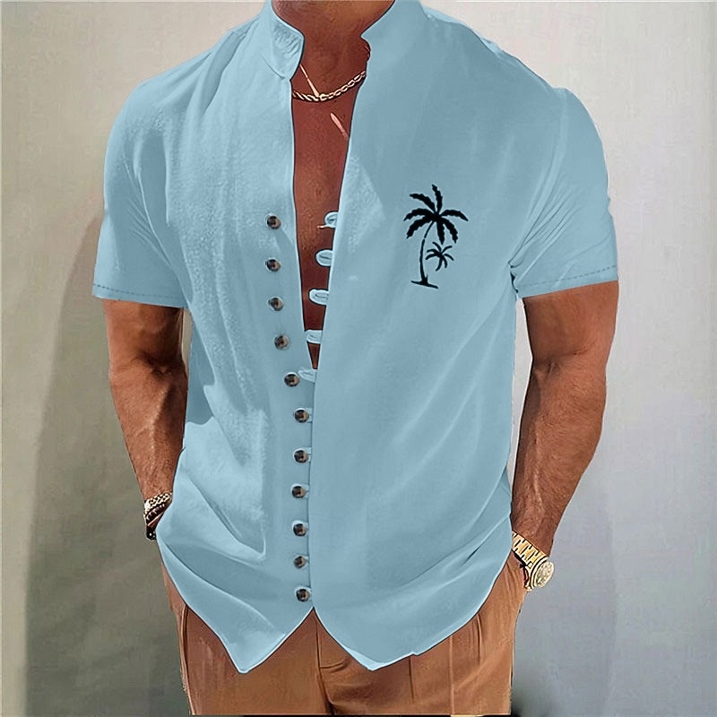 Men's Cotton Linen Shirt Coconut Tree Graphic Prints Stand Collar White Blue Khaki Gray Outdoor Street Short Sleeve Print Clothing Apparel Fashion Streetwear Designer Casual3