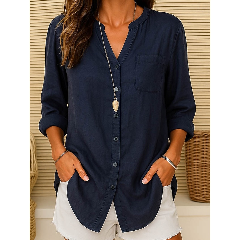 Women's Cotton Linen Shirt  Plain Vintage Long Sleeve V Neck Regular Tops Daily Weekend Vacation Wear Pink purple White Navy Blue Blue Orange Summer Spring3