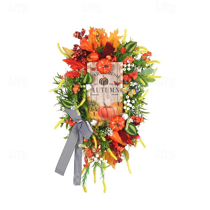 Fall Swag Wreath for Front Door Thanksgiving Autumn Harvest Indoor Outdoor Decoration, Harvest Wooden Sign Wreath with Artificial Pumpkin Rustic Door Hanging2