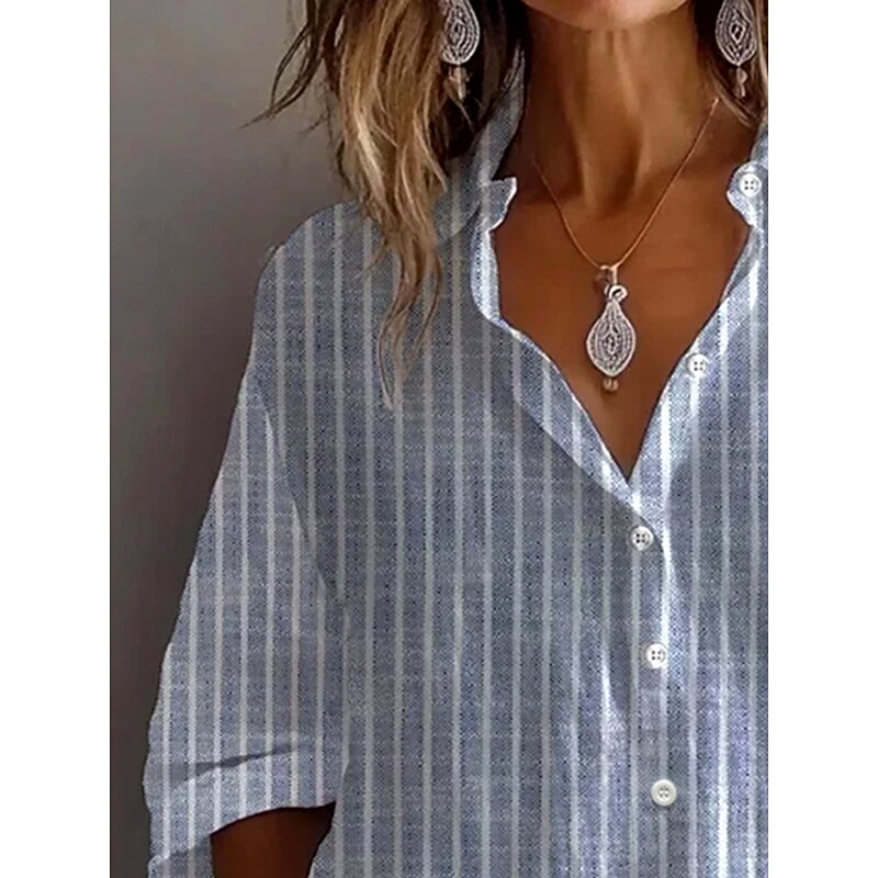 Women's Shirt Button Down Tunic Shirt Collar Long Sleeve Graphic Striped Vintage Daily Stylish Regular Tops Daily Holiday Going out s Denim Blue Light Blue Spring2