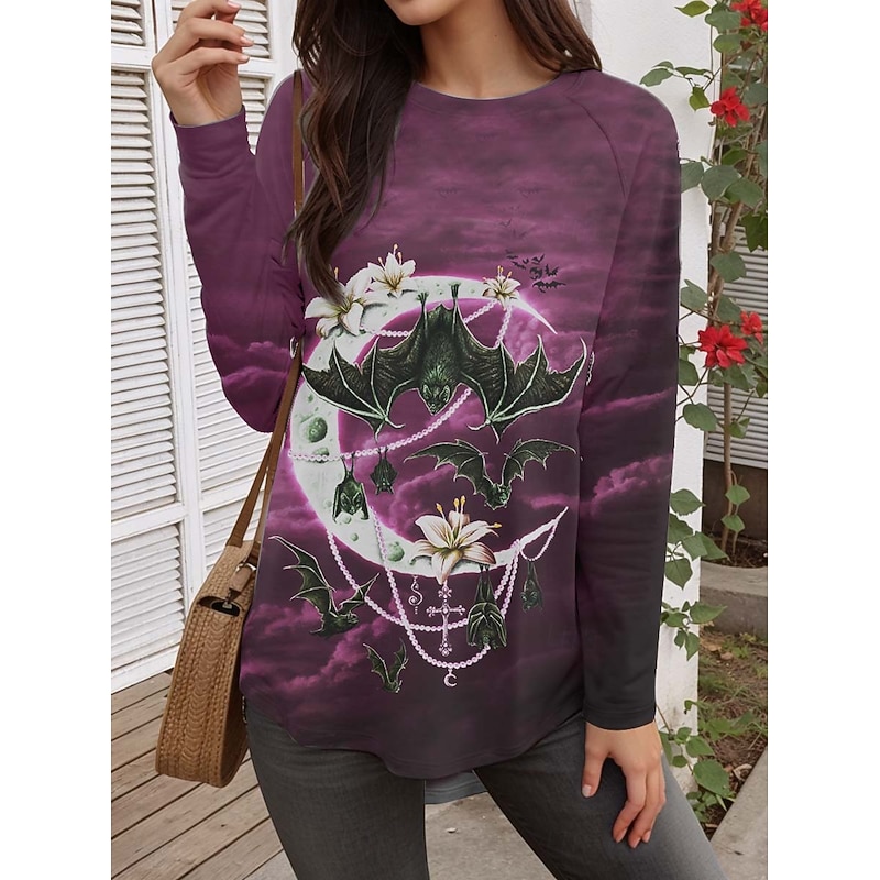 Sarah Richter by Halloween Women's T shirt Bat Tribal Vintage Stylish Trendy Long Sleeve Crew Neck Round Neck Long Tops Daily Going out Print Red Blue Green Fall Winter2
