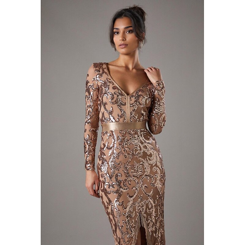 Mermaid / Trumpet Sheath / Column Evening Gown Elegant Dress Formal Wedding Floor Length Long Sleeve V Neck Sequined with Tassel Slit