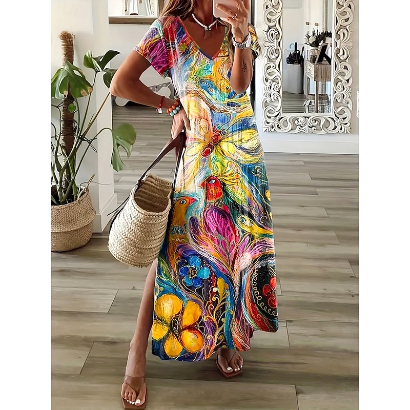 Women's Maxi Dress Casual Dress Sundress A Line Dress Elegant Vacation Casual Beach Regular Fit Floral Graphic Abstract Short Sleeve V Neck Colourful Blue Purple Summer Spring