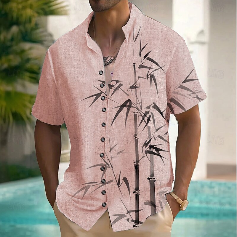 Men's Leaf Plants Bamboo Shirt Button Up Shirt Stand Collar Shirt Short Sleeves Fashion Casual Vacation Beach Wear Summer Spring Grandad Collar Mandarin Collar 3D Print Linen Like Shirt Pink Green3