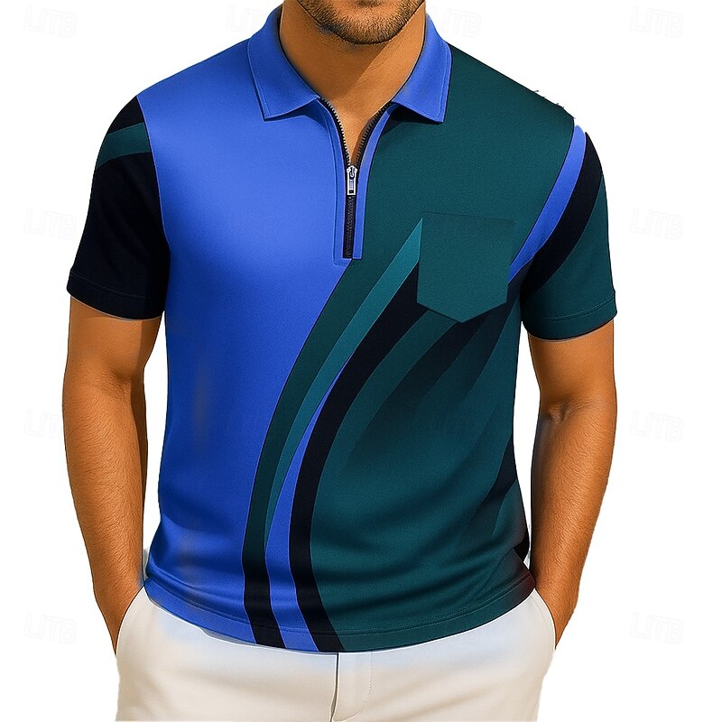 Men's Polo Vacation Casual Daily Lapel Short Sleeve Hawaiian Leisure Geometic Line Zipper Summer Blue Gold Polo2