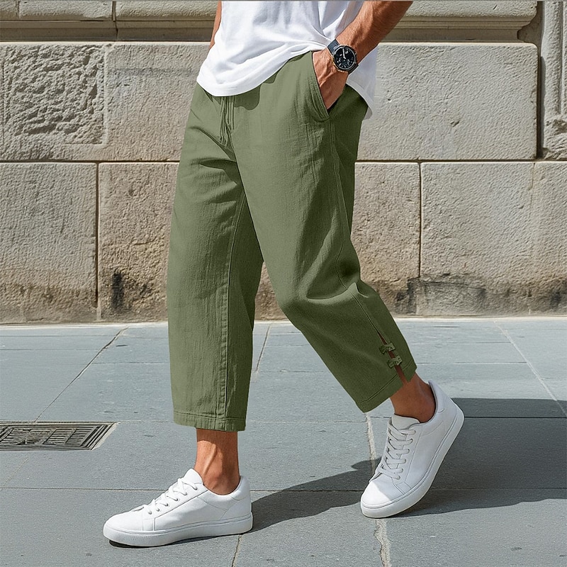 Men's Linen Pants Trousers Summer Pants Baggy Pants Cropped Pants Drawstring Elastic Waist Solid Color Plain Comfort Breathable Ankle-Length Casual Daily Holiday Vacation Fashion Black White Inelastic