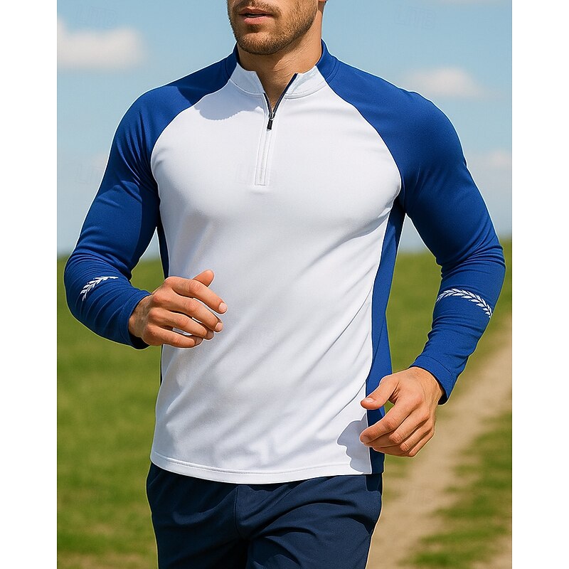 Men's Golf Polo Shirt Running Shirt Tennis Shirt Quarter Zip Long Sleeve Tee Tshirt Color Block Quick Dry Lightweight Elastic Breathable Tennis Golf Running Sportswear Activewear Black Blue Gray