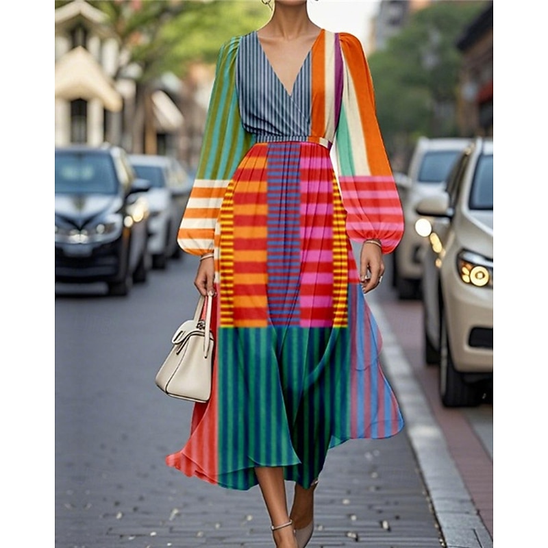 Women's Midi Dress Casual Dress Print Dress Elegant Fashion Outdoor Party Holiday Regular Fit Striped Flower Long Sleeve V Neck Rainbow Rose Red Beige Summer Spring