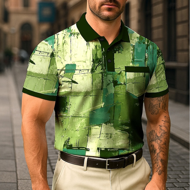 Men's Polo Casual Sports Turndown Short Sleeve Modern Leisure Geometic Line Pocket Buttons Summer Robin's Egg Blue Red Green Polo