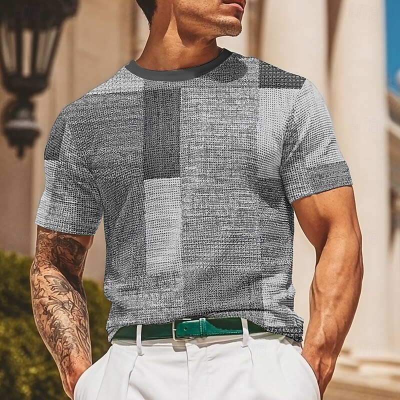 Men's Patchwork Waffle Shirt Short Sleeve T shirt 3D Print Crew Neck Shirt Fashion Casual Comfortable Street Casual Daily Light Blue Blue Purple Summer Spring All Seasons Clothing Apparel S M L XL4