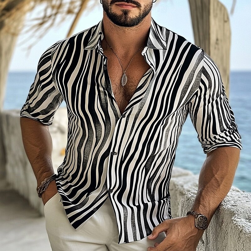 Men's Geometric Striped Lines / Waves Shirt Button Up Shirt Casual Dress Shirt Long Sleeve Fashion Casual Formal Vacation Dailywear Summer Spring Turndown 3D Print Collared Shirts Black Black+White2