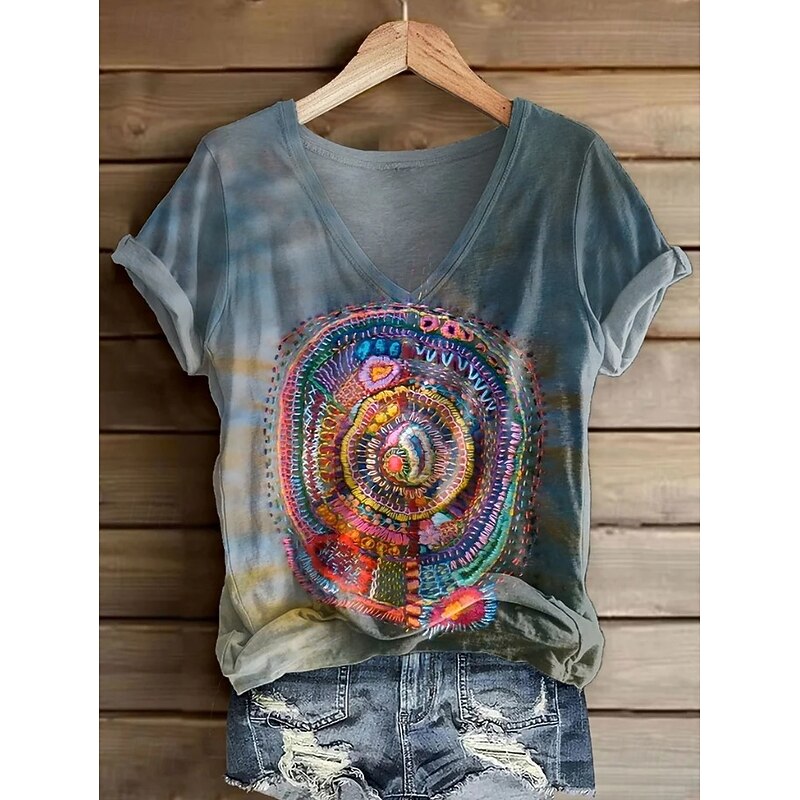 Women's T Shirt Floral Graphic Plants Vintage Stylish Classic Short Sleeve V Neck Regular Tops Daily Print Black Yellow Blue Dusty Blue Purple Summer Spring4