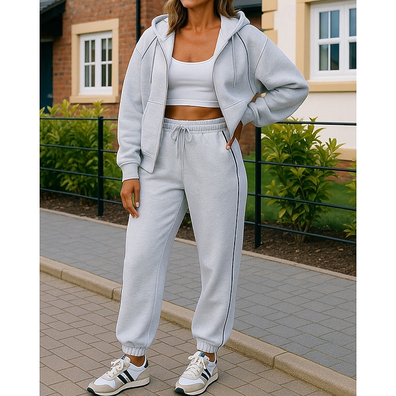 Women's Tracksuit Sweatpants Pullover Sweatshirt Zipper Pocket Solid Colored Clothing Suit Spring Black Pink Gym Training Running Windproof Long Sleeve Sport Activewear Micro-elastic Regular Fit