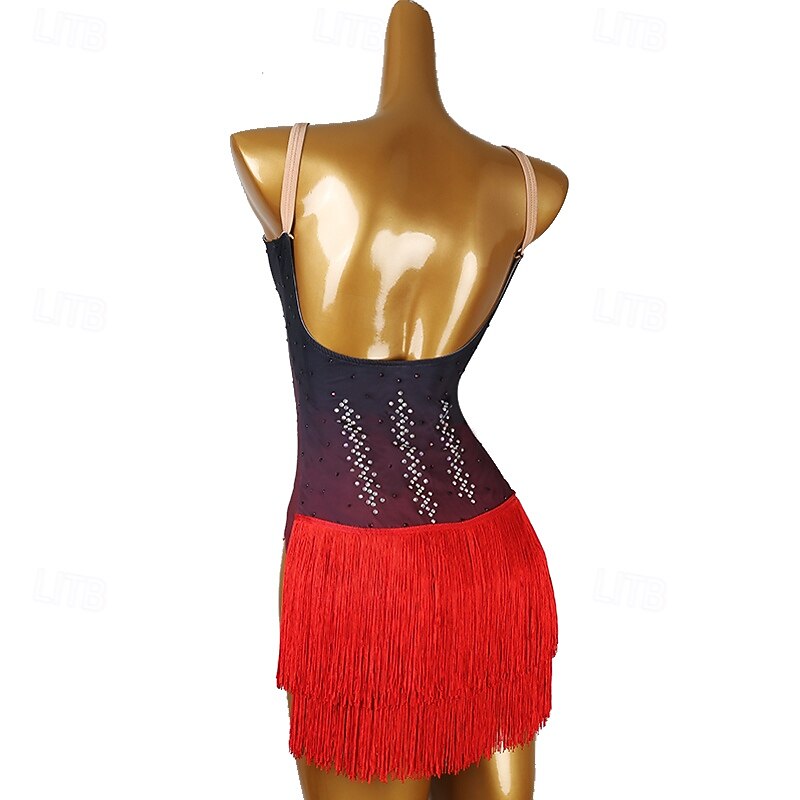 Latin Dance Dress Tassel Splicing Crystals / Rhinestones Women's Performance Party Sleeveless Chinlon Spandex2