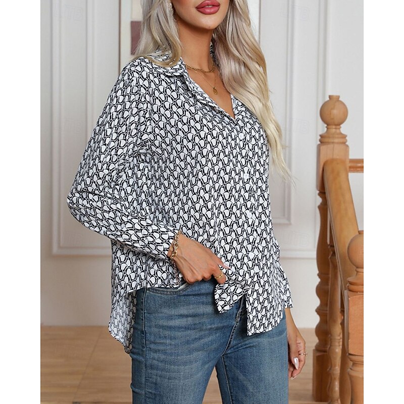 Women's Shirt Geometric Daily Stylish Basic Long Sleeve Shirt Collar Regular Tops Work Daily Holiday Buttons Black White Khaki Spring Fall3