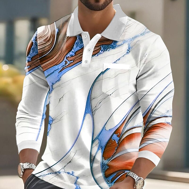 Men's Marble Polo Long Sleeve Polo Shirts Collared Shirts Casual Business Athleisure Daily Wear Pocket 3D Print Buttons Spring Fall Winter Red Blue Purple2