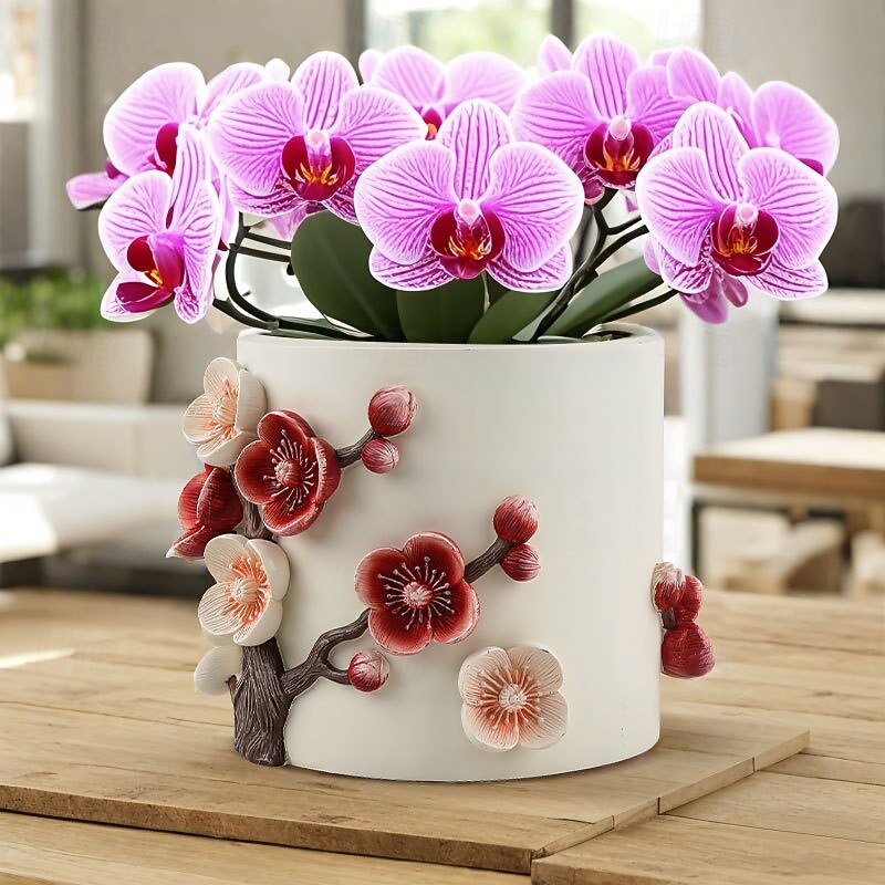 Chinese Four Gentlemen Resin Flower Pot with Plum Blossom Relief, Large Thickened Planter, Decorative Wide Mouth Vase for Indoor Outdoor Garden3