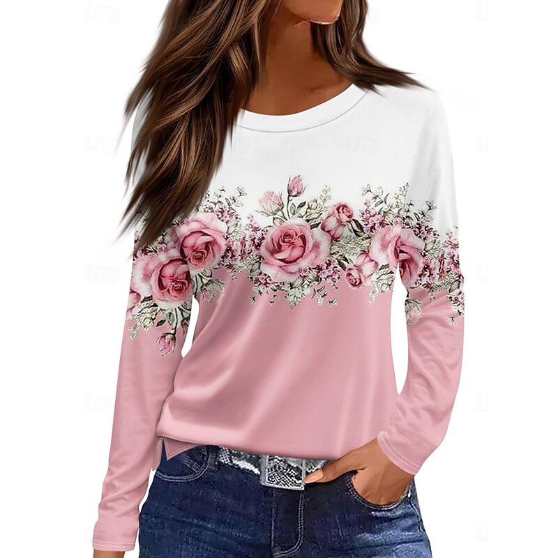 Women's T shirt Long Sleeve Crew Neck Long Sleeve Tunic Floral Graphic Plants Vintage Stylish Classic Round Neck Regular Tops Daily Print White Pink Blue Fall Prefall2