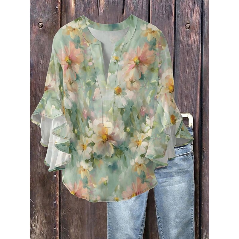 Women's Blouse Floral Stylish Modern 3/4 Length Sleeve V Neck Regular Tops Daily Holiday Ruffle Print Light Green Blue Green Gray Light Blue Summer4