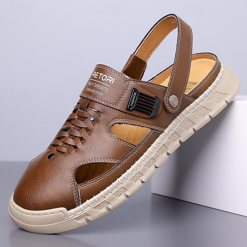 Men's Brown Faux Leather Slip-On Outdoor Sandals, Adjustable Back Strap with Breathable Design, Comfortable Casual Shoes for Beach, Hiking and Summer Activities