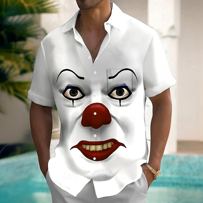 Men's Creepy Clown Funny Clown Shirt Summer Shirt Button Up Shirt Short Sleeve Fashion Casual Outdoor Vacation Dailywear Summer Spring Turndown 3D Print Collared Shirts Front One Pocket White 1 White