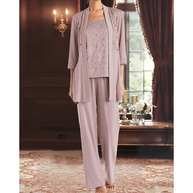Pantsuit 3 Piece Pantsuit Mother of the Bride Dress Elegant Vintage Simple Boat Neck Ankle Length Stretch Chiffon Half Sleeve with Lace Sequin Embroidery4