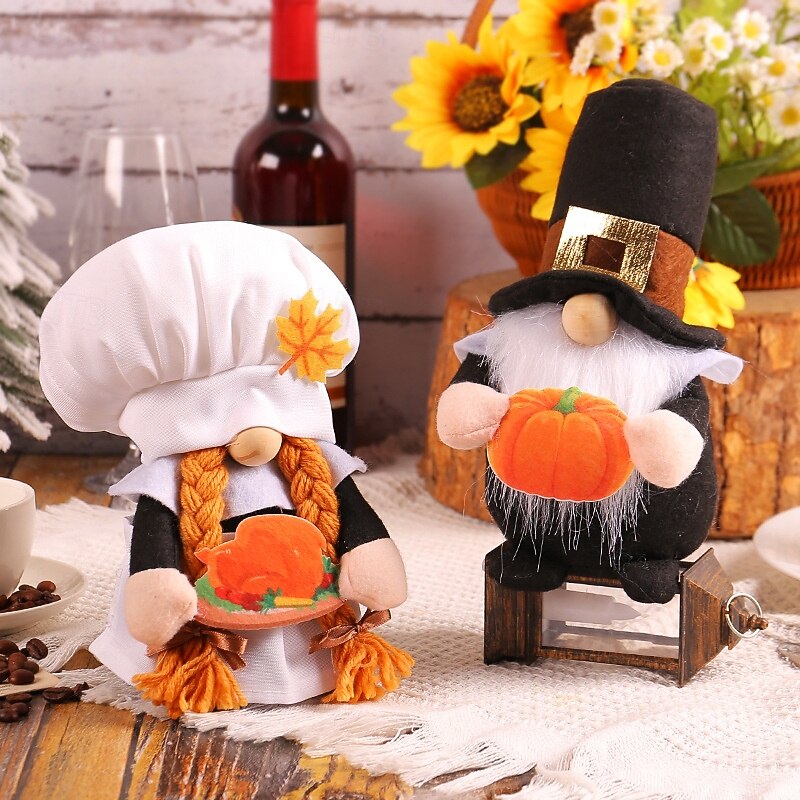 Fall Gnome Plush Doll with Pumpkin, Thanksgiving Harvest Faceless Gnome Decoration with Chef Hat, Autumn Table Decor for Home Kitchen Party Display3