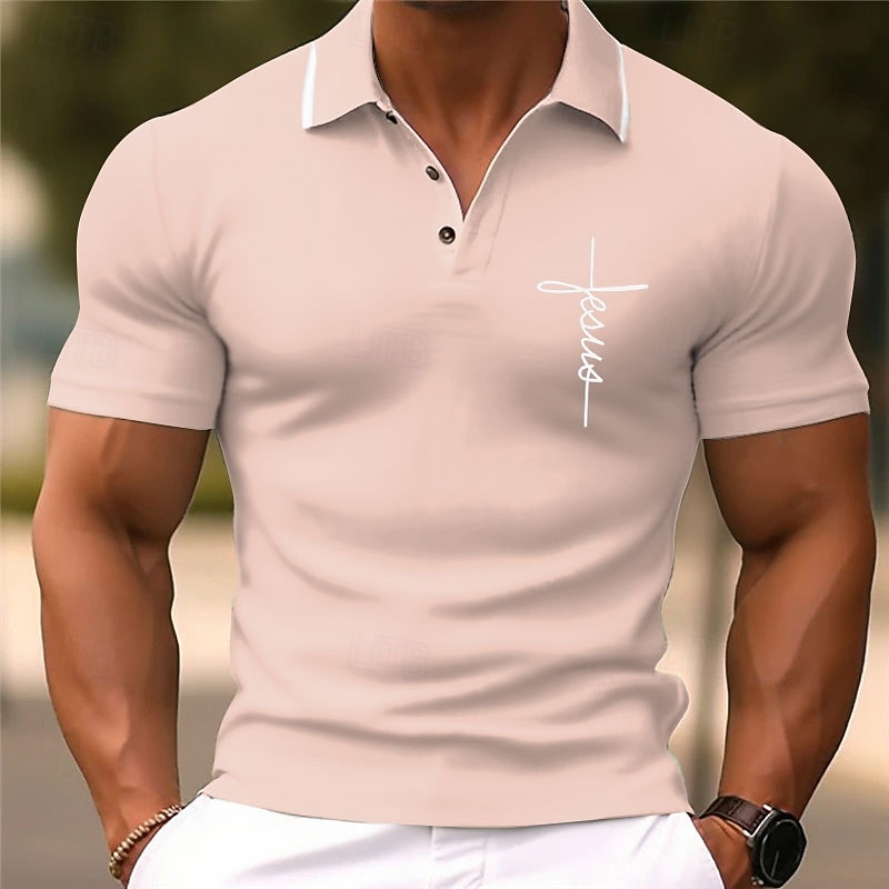 Men's Faith Polo Shirts Golf Shirt Short Sleeve Polo Shirts Collared Shirts Business Casual WorkWear Formal Wear Festival Wear Buttons 3D Print Pink Navy Blue Blue4