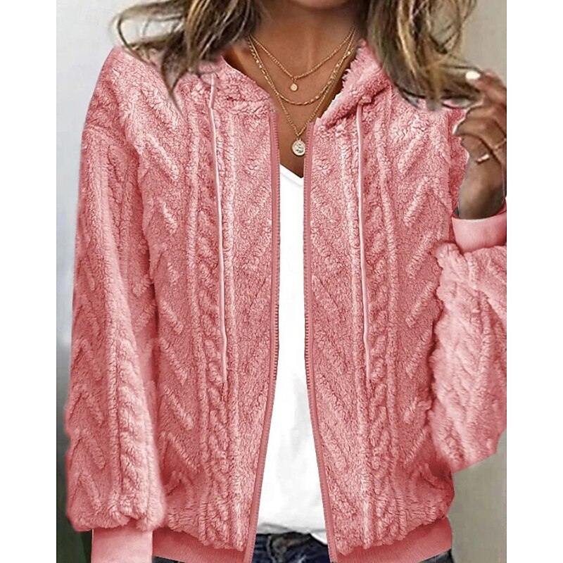Women's Cardigan Streetwear Casual Solid Color Chunky Hooded Zipper Knitted Long Sleeve Regular Tops Knit Outdoor Daily Holiday Pink Fall Winter