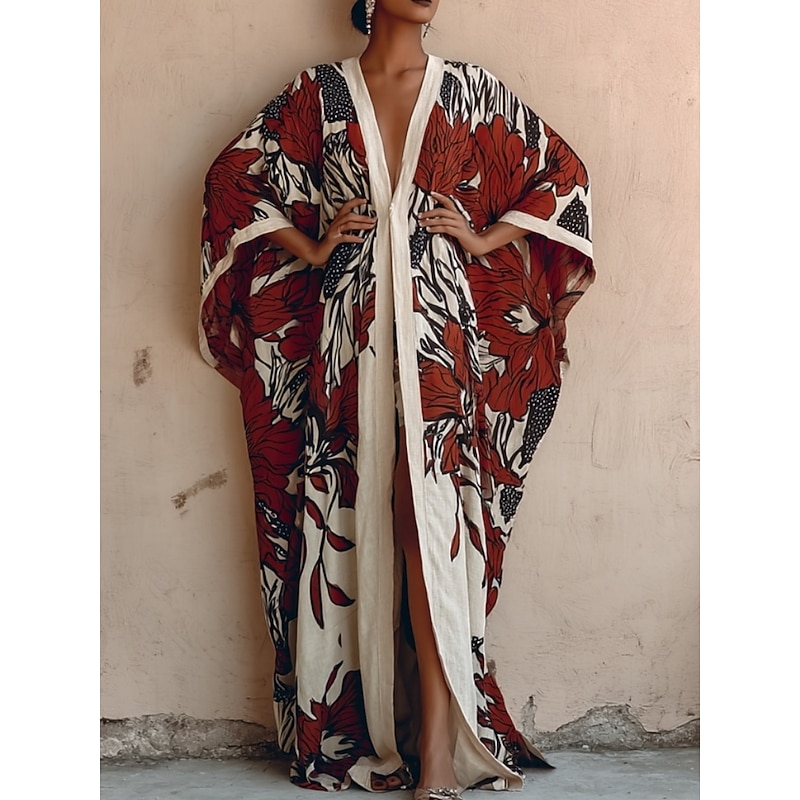 Women's Long Dress Maxi Dress Boho Dress Vacation Casual Dress Swing Dress Fashion Modern Daily Holiday Beach Regular Fit Floral Long Sleeve V Neck Wine Red Navy Blue Apricot Summer Spring4