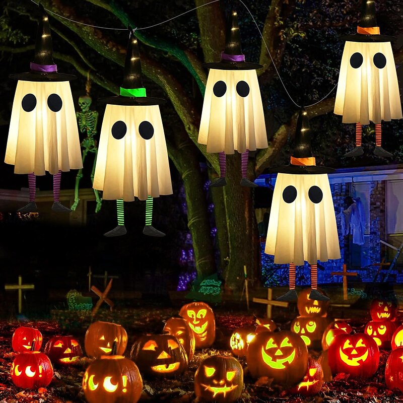 3 Pcs 60cm Halloween Outdoor Lights Hanging Luminous Witch Hat Long Legs Outdoor Indoor Halloween Party Party Hanging Tree Roof Wall Festive Atmosphere Decorative Light Three Button Batteries