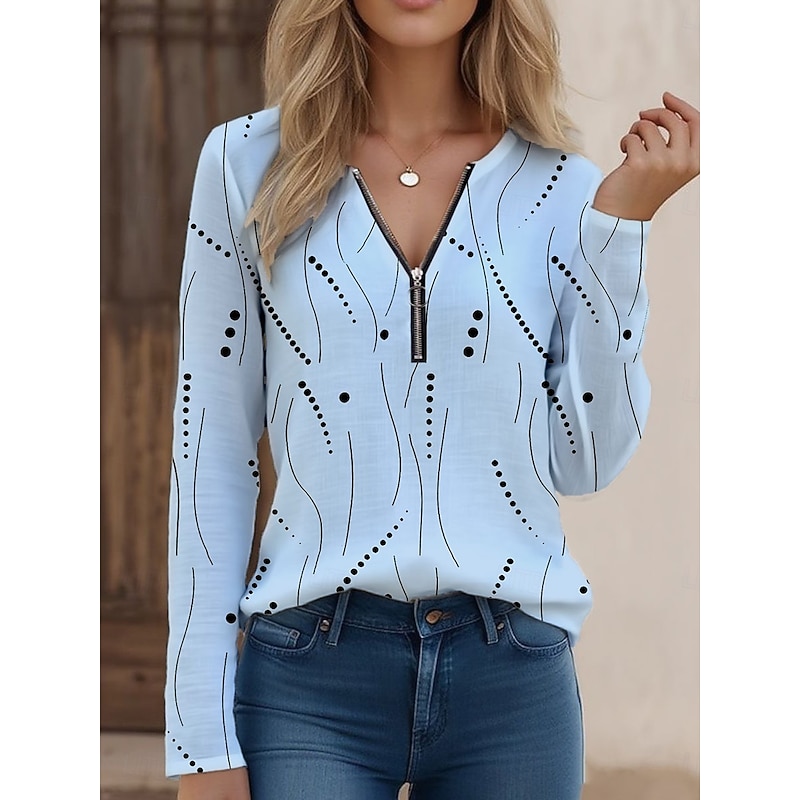 Women's T Shirt Quarter Zip Long Sleeve Casual Graphic Polka Dot Elegant Vintage Stylish V Neck Regular Tops Daily White Yellow Blue Purple Summer Spring2