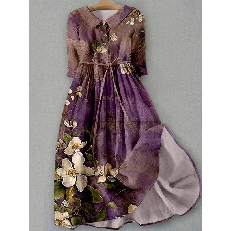 Women's Midi Dress Shift Dress Vacation Casual Boho Daily Holiday Tea Party Regular Fit Floral Graphic Half Sleeve Lapel White Pink Light Brown Blue Summer Spring3