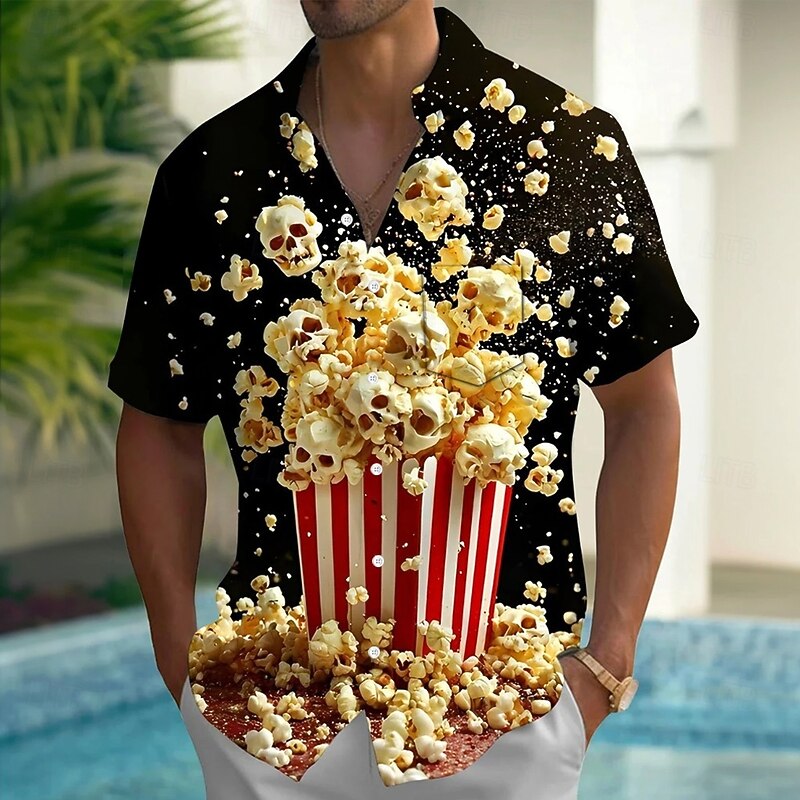Men's Food Popcorn Shirt Summer Hawaiian Shirt Button Up Shirt Short Sleeve Hawaiian Holiday Beach Wear Summer Spring Turndown 3D Print Collared Shirts Front One Pocket Black