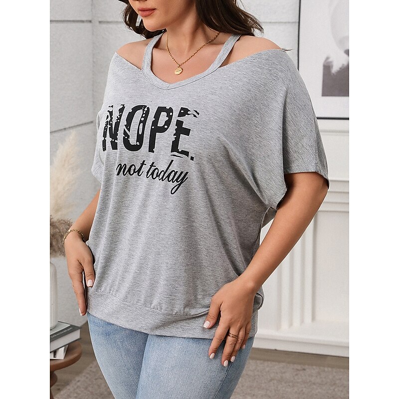 Women's Plus Size Tops T Shirt Graphic Letter Short Sleeve V Neck Casual Daily Polyester Summer Spring Black khaki4