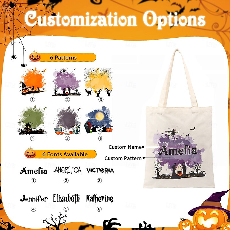 Personalized Name Halloween Treat Bag for Kids Custom Candy Tote Bag Basket for Trick or Treat, Canvas Gift Bag with Custom Font and Pattern, Funny Ghost Design for Family, Friends, Lovers, Unique Holiday Surprise2