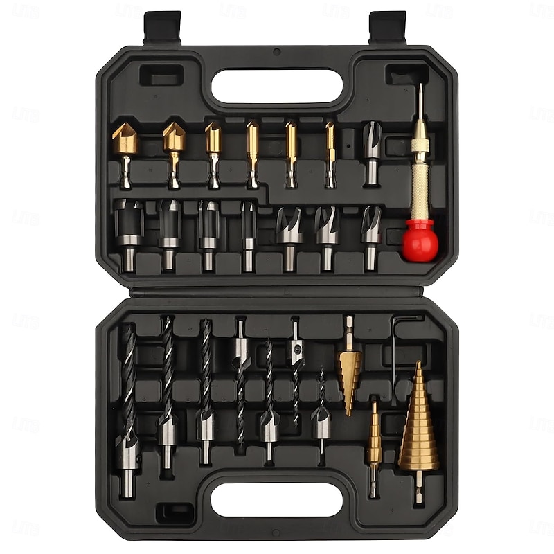 26 Pack Woodworking Chamfer Drilling Tools, Including Countersink Drill Bits, Wood Plug Cutter, Step Drill Bit, Center Punch, L-Wrench