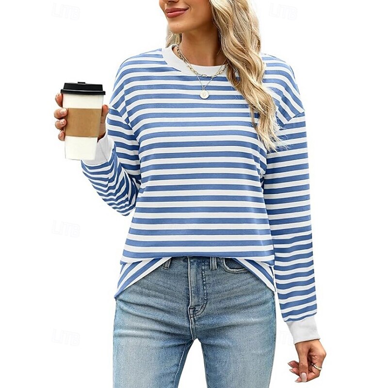 Women's Blouse Striped Modern Casual Long Sleeve Crew Neck Regular Tops Daily Going out Patchwork Blush Pink Black White Light Green Pink Summer
