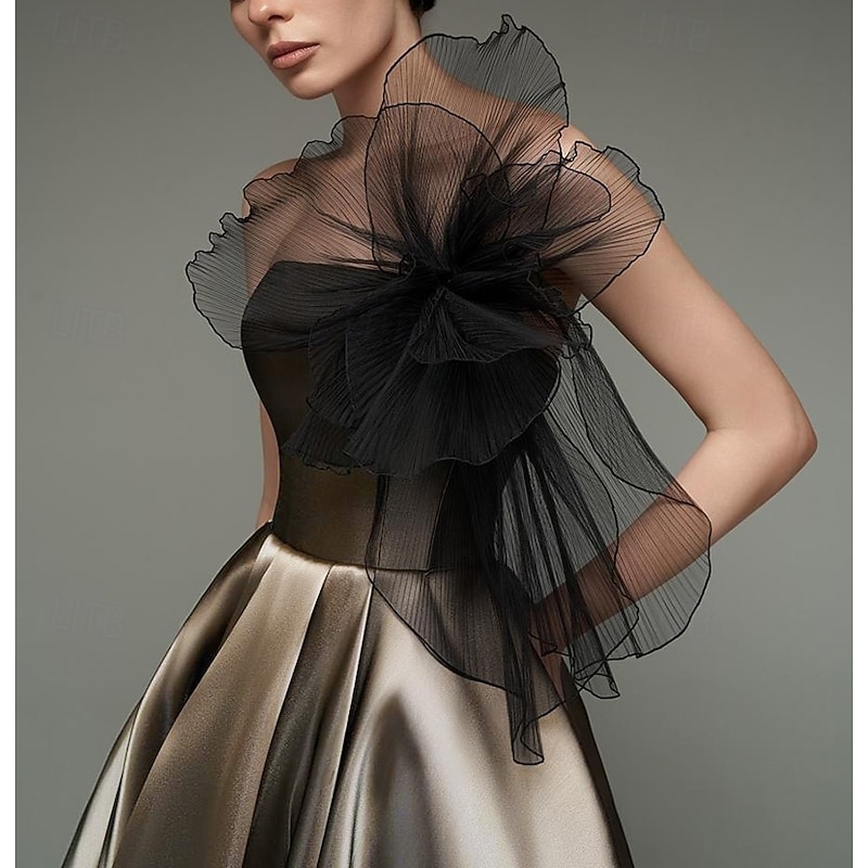 A-Line Cocktail Dresses Elegant Gown Formal Wedding Tea Length Midi Length Sleeveless Strapless Organza with Shouder Flower and Pockets2