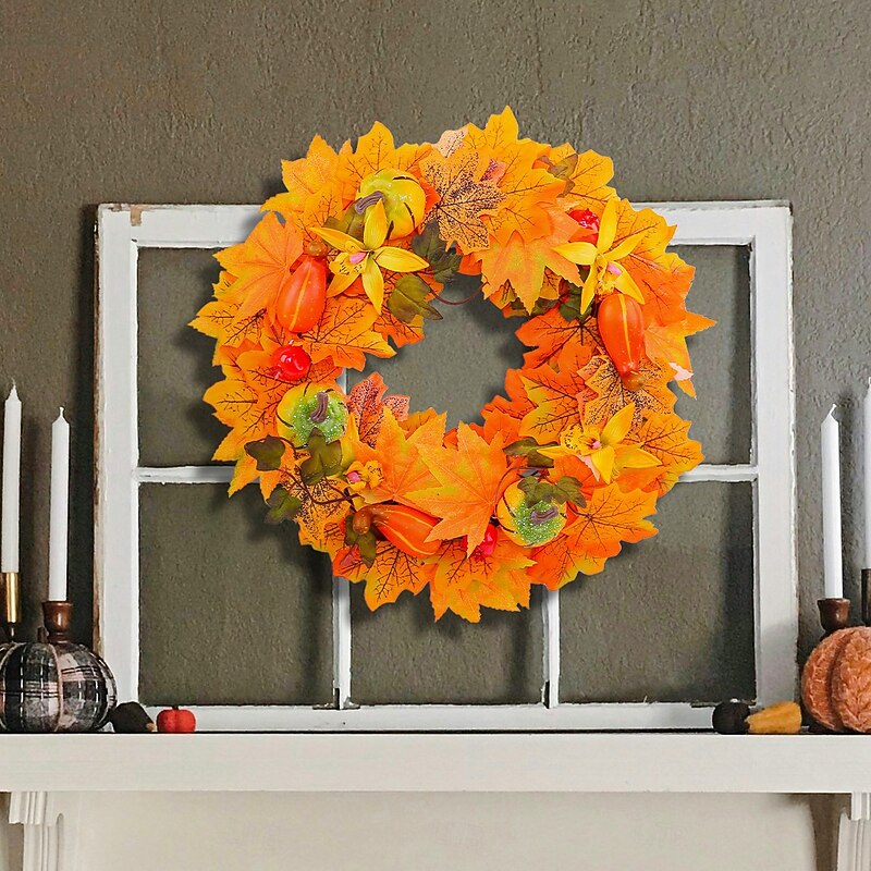 Fall Wreath for Front Door Thanksgiving Autumn Harvest Indoor Outdoor Decoration, Pumpkin and Maple Leaf Artificial Grapevine Wreath Halloween Home Decor