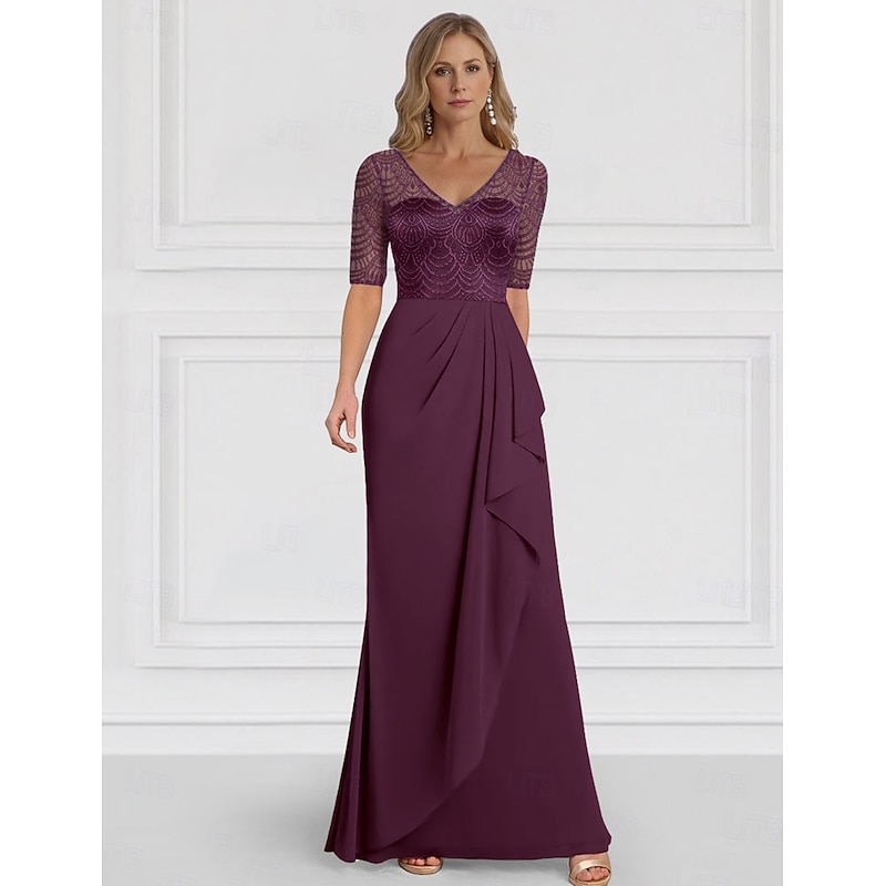 A-Line Mother of the Bride Dress Wedding Guest Elegant V Neck Floor Length Chiffon Half Sleeve with Ruffles Solid Color