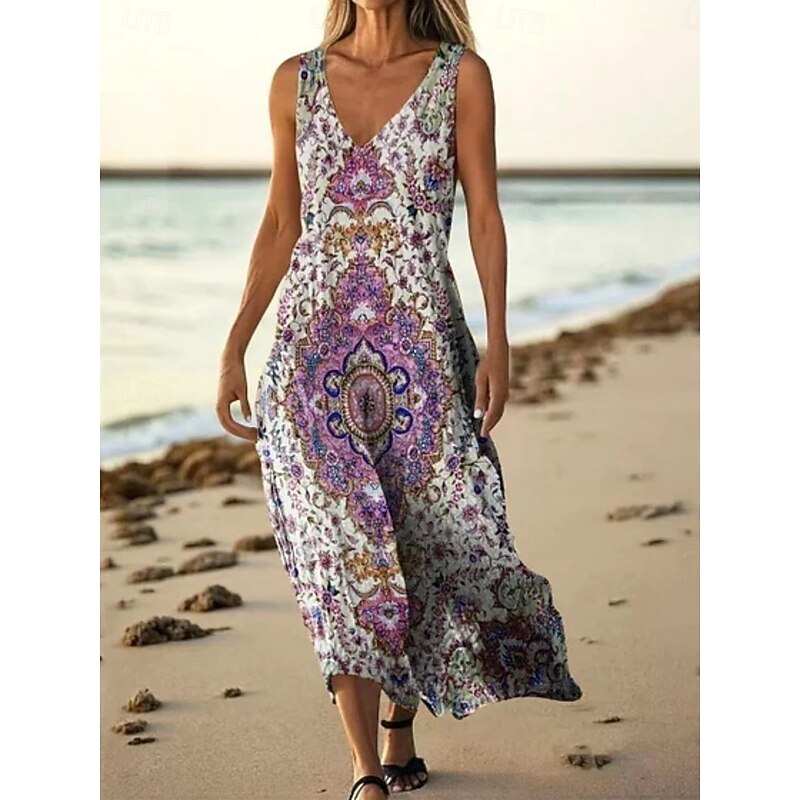 Women's Long Dress Maxi Dress Casual Dress Tank Dress Summer Dress African Daily Holiday Beach Regular Fit Floral Sleeveless V Neck Wine Burgundy Navy Blue Blue Summer4