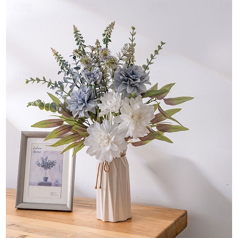 1 Bundle Artificial Dahlia Flower Bouquet, Fake Greenery Wedding Decoration, Realistic Faux Floral Arrangement for Home, Event, Party Centerpiece2