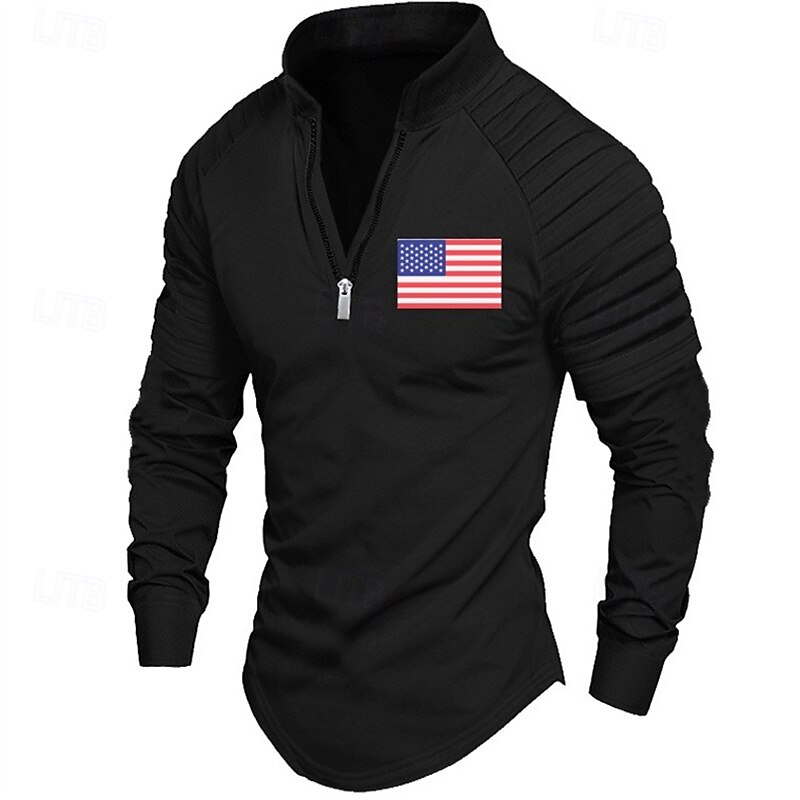 Men's Sweatshirt Quarter Zip Sweatshirt Black White Pink Army Green Navy Blue Half Zip American Flag Patchwork Sports & Outdoor Daily Holiday Polyester Streetwear Basic Casual Spring &  Fall Clothing3