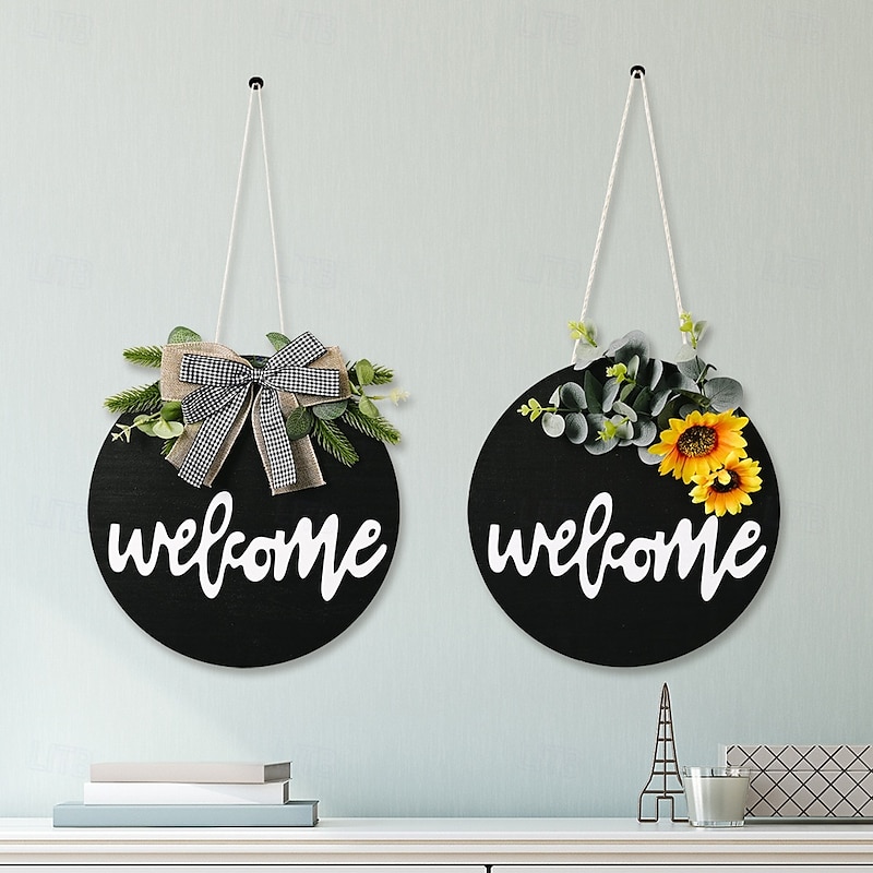 Welcome Sign Front for Door Decoration, Round Wood Wreaths Wall Hanging Outdoor, Farmhouse, Porch, for Spring Summer Fall All Seasons Holiday Christmas